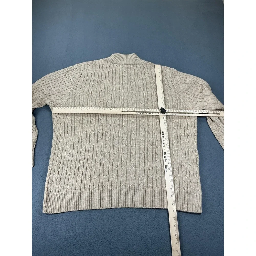 Lands' End Sweater Mens XL Beige Cable-Knit Mock Neck 1/4 Zip Wool Pullover
